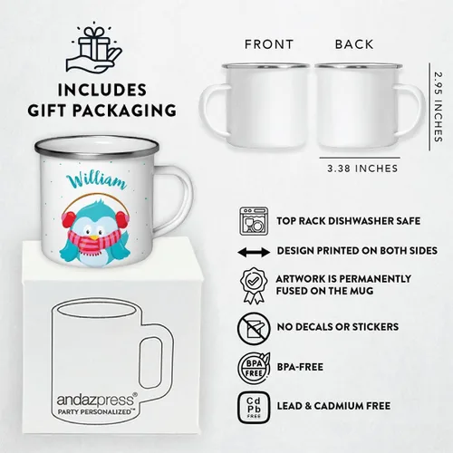 Vista 4 de Andaz Press Taza de café de acero inoxidable con nombre personalizado de 11 onzas para niños, diseño de búho azul festivo, 1 paquete, taza