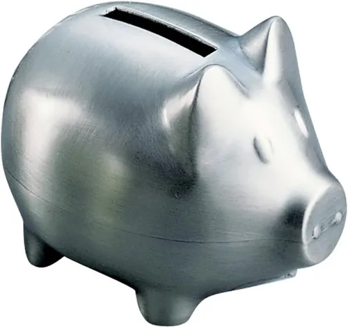 Vista 2 de Creative Gifts International Hucha pequeña de peltre de cerdo Alcancía de plata para niños o recién nacidos Acabado de níquel cepillado 3 x