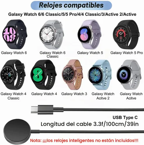 Vista 2 de Cargador para Samsung Galaxy Watch 6/6 Classic/5/5 Pro/4/4 Classic/3/Active 2/Active, cable de carga de repuesto para reloj inteligente (USB tipo C)