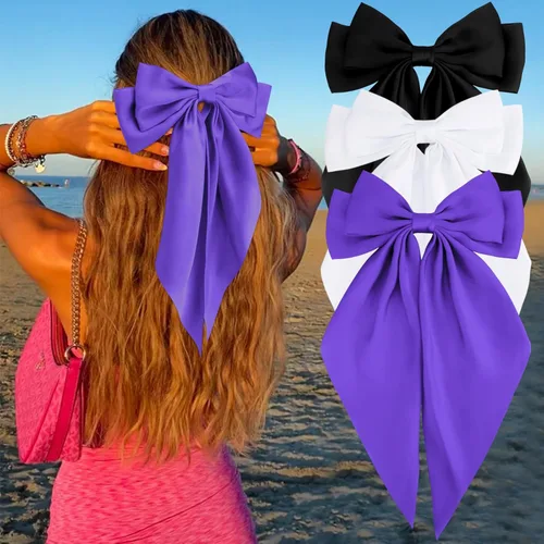 Vista 25 de Velscrun Lazos para el cabello para mujeres y niñas, 3 unidades, lazo blanco, lazo negro, azul marino, lazos grandes para el cabello con clip, lazos