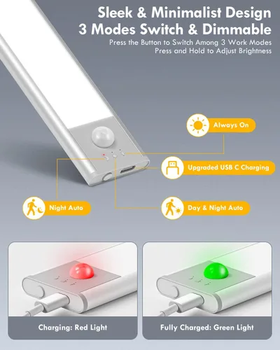 Vista 2 de Alivation Luces inalámbricas para debajo del gabinete, 52 luces LED de armario con sensor de movimiento, USB-C recargable, funciona con batería