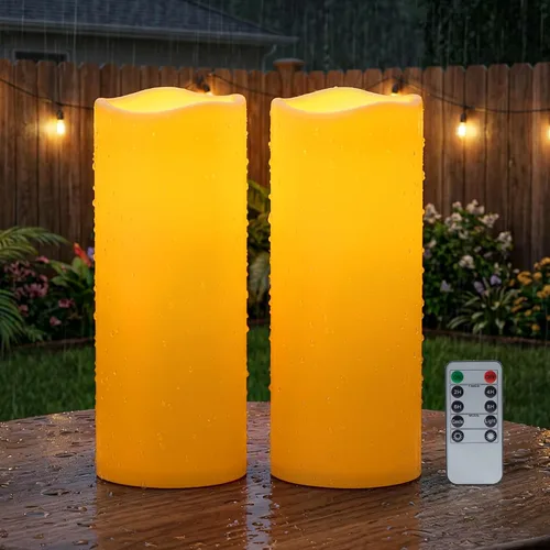 Vista 12 de Amagic Paquete de 2 velas eléctricas de plástico sin llama de 6 x 4 pulgadas para exteriores con control remoto y temporizador, velas falsas