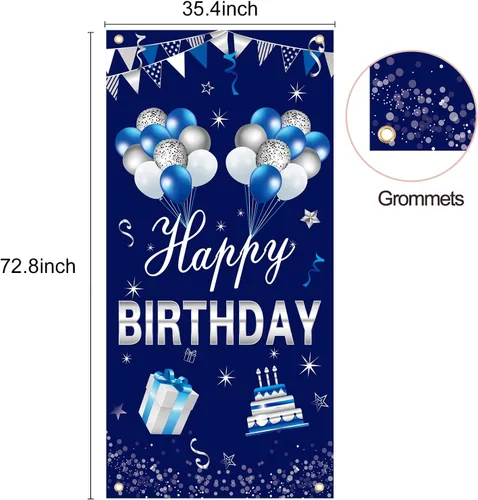 Vista 2 de Turypaty Cartel de feliz cumpleaños azul plateado para puerta para hombres y niños, suministros de fiesta de cumpleaños 16, 21, 30, 40, 50, 60