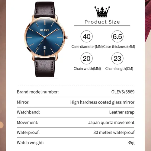 Vista 6 de OLEVS Reloj para hombre de lujo ligero de cuero impermeable con movimiento japonés para hombre con fecha calendario minimalista ultrafino clásico