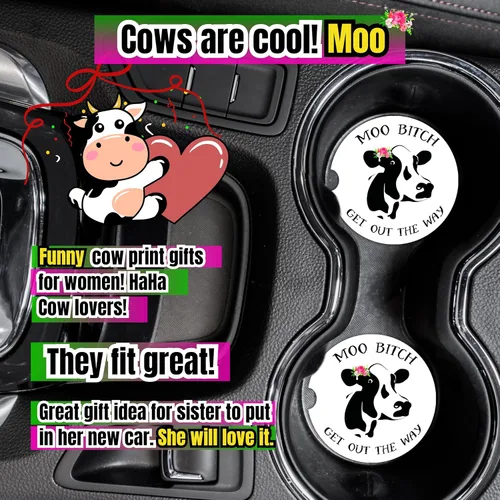 Vista 7 de Posavasos de vaca para coche para portavasos - 2 unidades, lindos accesorios de vaca para mujer con estampado de vaca, divertidos artículos de vacas