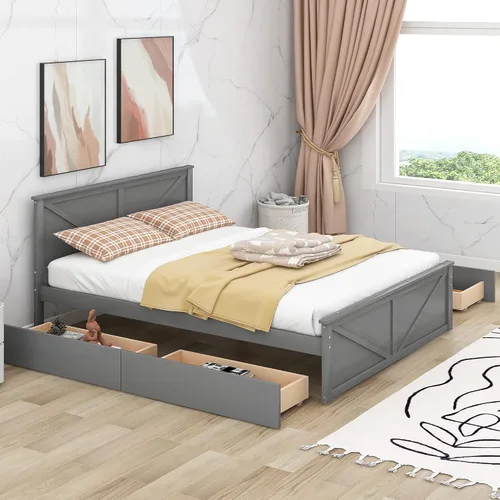 Vista 3 de Anwick Cama de plataforma de madera con 4 cajones de almacenamiento, base de cama de plataforma de madera maciza con cabecera y patas de apoyo