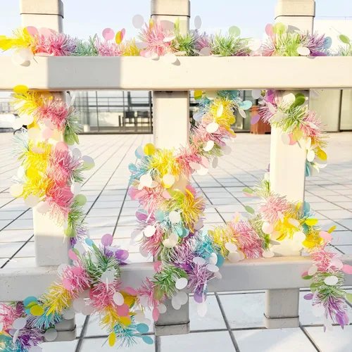 Vista 7 de Guirnalda de Pascua, guirnaldas de oropel de primavera pastel de 50 pies para interiores y exteriores, oficina, árbol, ventana, suministros