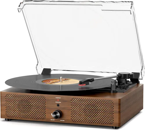 Vista 10 de Tocadiscos de vinilo con receptor Bluetooth integrado y 2 altavoces estéreo, 3 velocidades y 3 tamaños, tocadiscos retro portátil para Amarillo