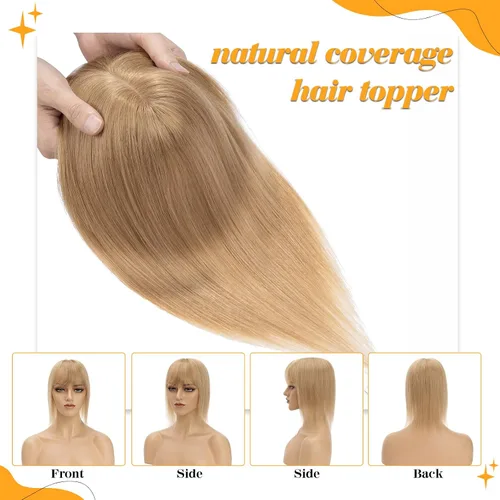 Vista 4 de S-noilite Toppers para el cabello humano real con flequillo, 6 pulgadas, color rubio oscuro #27, base de seda, clip en la parte superior