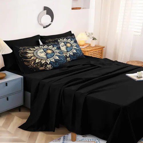 Vista 5 de Juego de edredón de sol y luna negro, juego de ropa de cama boho, ropa de cama de galaxia celestial y espacio estrellado, edredón mandala exótico