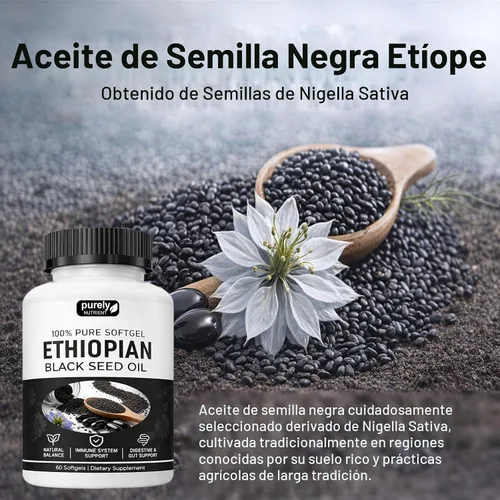 Vista 4 de Aceite de semilla negra etíope puramente nutritiva, cápsulas de aceite de semilla negra puramente etíope 4.64% timoquinona, cápsulas blandas