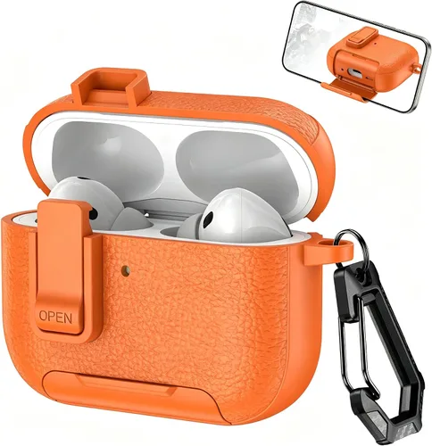 Vista 18 de Funda de cuero con clip de bloqueo para AirPods Pro 2ª/1ª con mosquetón, soporte de carga inalámbrica con soporte, cubierta de protección resistente