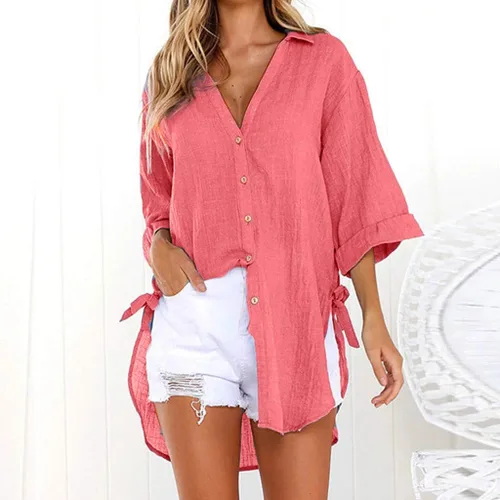 Vista 2 de Camisas de manga larga con botones para mujer, asimétricas, casuales, con cordones, túnica de gran