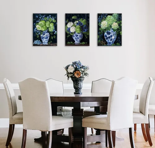 Vista 3 de DJSYLIFE Chinoiserie - Arte de pared – Jarrón de porcelana oriental azul y blanco con acuarela, impresiones florales de hortensias para decoración