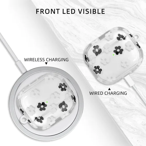 Vista 4 de Funda compatible con AirPods 3 2021, TPU suave con bonito patrón de flores para AirPods de 3ª generación con llavero de flores y mosquetón para Negro