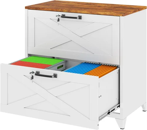 Vista 24 de Archivador de metal con 2 cajones con cerradura, gabinete archivador con soporte para impresora móvil y estantes para archivos de tamaño Negro
