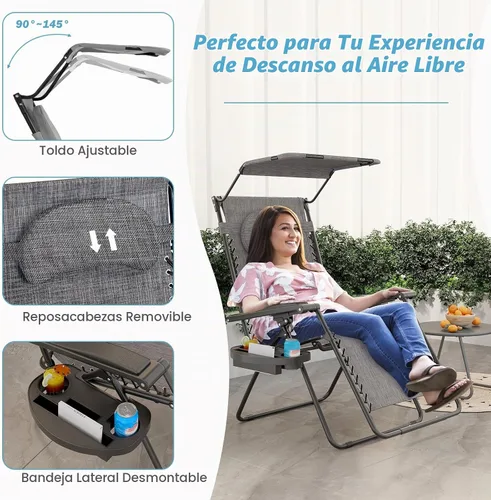Vista 6 de Sillas Goplus Zero Gravity, Silla de jardín plegable extra grande con toldo y soporte para copas, Silla reclinable ajustable para patio plegable