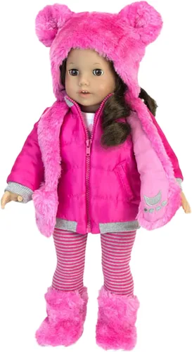 Vista 3 de Sophia's Muñeca de 18 pulgadas, 4 piezas. Traje de invierno con chaqueta de nailon rosa intenso, sombrero y botas de piel sintética de oso