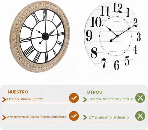 Vista 6 de RiteSune Reloj de pared de 30 pulgadas de decoración, relojes de pared de granja que funcionan con pilas, silenciosos, relojes grandes de bambú
