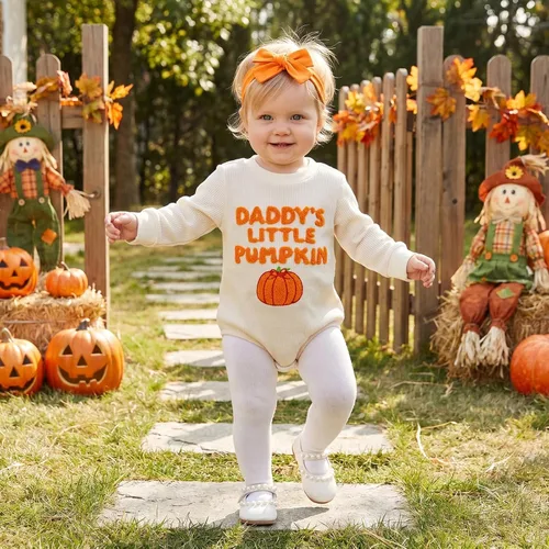 Vista 4 de Traje de Halloween para bebé niña con bordado de gofres de manga larga A-daddy's Little Pumpkin