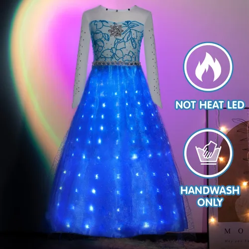 Vista 4 de UPORPOR Vestido de princesa iluminado, disfraces de Halloween, ropa para niñas y niños, traje de fiesta de Navidad, azul, 2-14 años