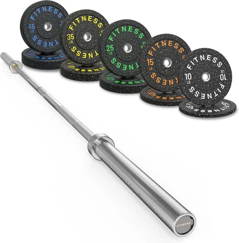 Vista 37 de Olympic Barbell Set, 2-Inch Bumper Plates with Weight Plate Rack Colored Crumb Rubber Weight Plates for Weight Lifting & Strength Training, 90–530