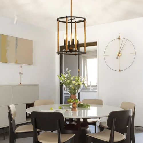 Vista 7 de Luvkczc Candelabro de 4 Luces, Luz de Techo Estilo Granja, Lámpara de Linterna Negra Accesorios de Iluminación con Jaula de Cuerdas, Altura