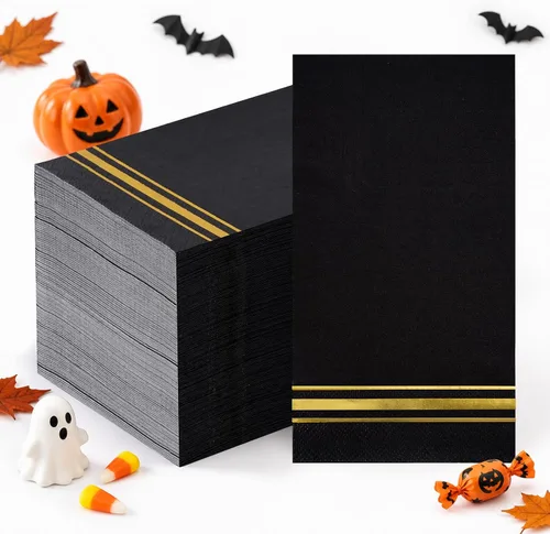 Vista 10 de 200 Servilletas de Papel con Ribete Dorado Negras Elegantes Servilletas de Cena, Servilletas de Invitados de 3 Capas con Papel Dorado Desechables