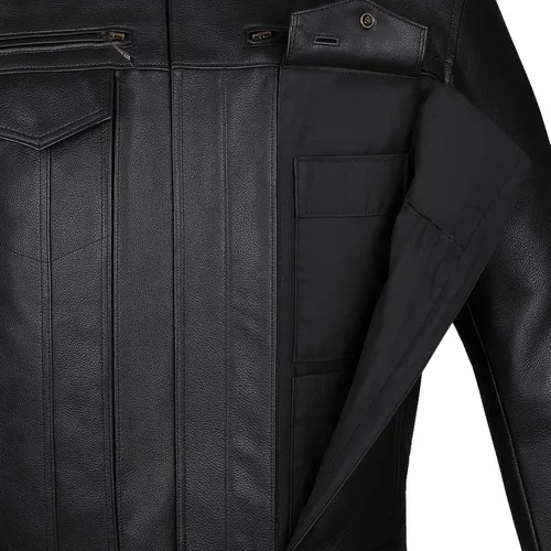Vista 2 de COMMUTER - Chaqueta de motocicleta para hombre, piel de búfalo premium, armadura CE, bolsillos utilitarios, Street Cruiser Motorbike Biker Negro