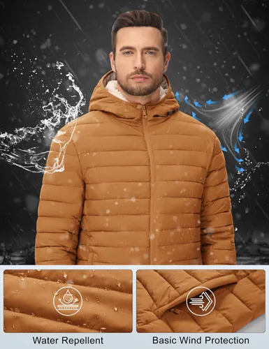 Vista 14 de MAGCOMSEN Chaqueta acolchada para hombre con capucha, forro de vellón, chaqueta térmica resistente al agua, chaqueta de plumón con cremallera