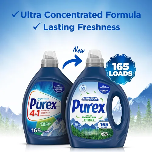 Vista 3 de Purex Detergente Líquido para Ropa 4 en 1, Mountain Breeze, 82.5 oz, 165 Cargas, Detergente para Ropa Ultra Concentrado, Ilumina y Blanquea
