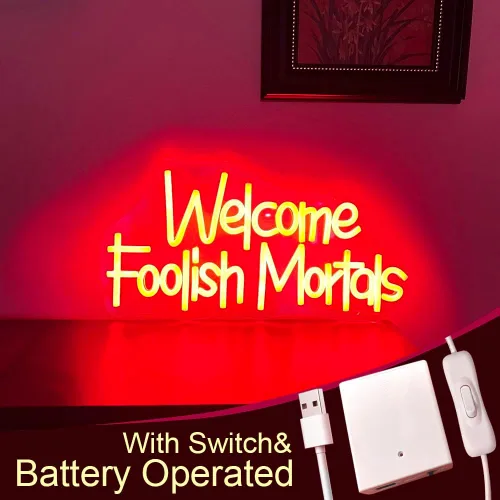 Vista 3 de Letrero de neón de Welcome Foolish Mortals, funciona con pilas, para fiesta de Halloween, puerta de casa embrujada, decoración de Halloween