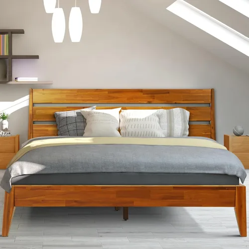 Vista 13 de Acacia Emery - Marco de cama con cabecero, cama de plataforma de madera 100% maciza, estilo de cama escandinavo con todos los colchones Americano