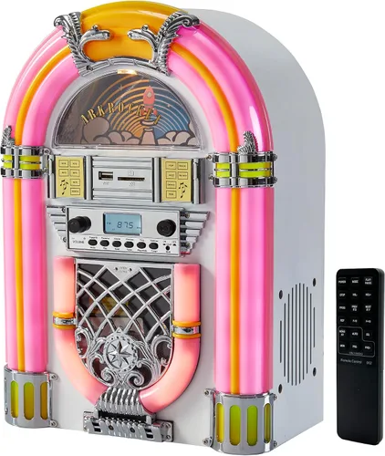 Vista 10 de Athena - Mini Jukebox/reproductor de CD de mesa, altavoz Bluetooth, radio/reproductor de tarjetas USB y SD con sistema de iluminación LED retro