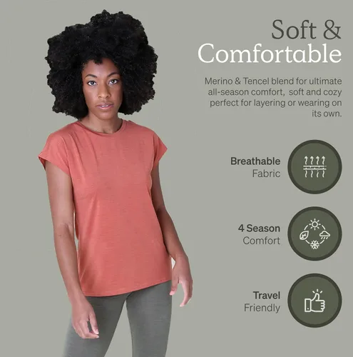 Vista 5 de Nui Organics - Camiseta de lana merino y lirio Tencel para mujer, capa base, tela natural ultrasuave, comodidad durante todo el año, transpirable.