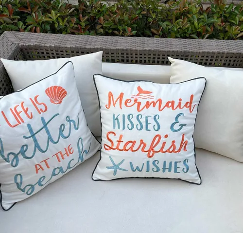 Vista 7 de Funda de almohada bordada con diseño de besos de sirena y deseos de estrella de mar, cuadrada de 18 pulgadas, funda de almohada decorativa de lona