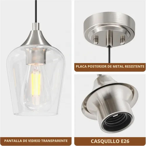 Vista 3 de VONLUCE Luces colgantes para isla de cocina, iluminación colgante de níquel cepillado para isla de cocina con cable colgante para dormitorio