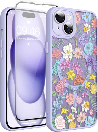 Vista 125 de Magnético para iPhone 13 con protector de pantalla [Compatible con MagSafe] Diseño de patrón floral de flores bonitas, funda delgada a prueba