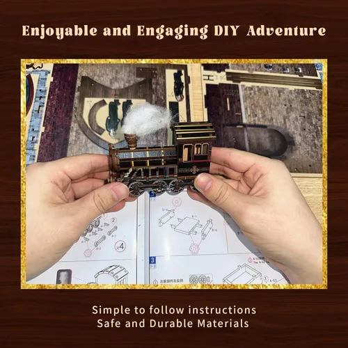 Vista 8 de Kit de rincón de libros, estante en miniatura para casa con luces LED y música, rompecabezas de madera 3D de estación de tren retro para adultos
