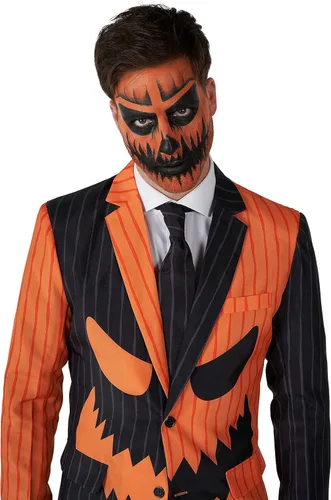 Vista 4 de SUITMEISTER Men's Halloween Pumpkin Suit Costume Jack O Pinstripe Cosplay Party Adult Blazer, Pants & Tie in Black and Orange