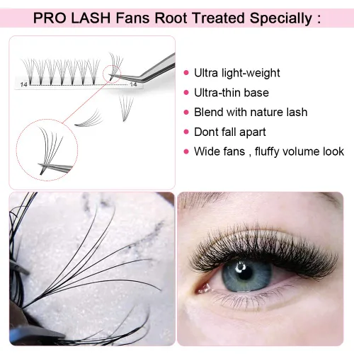Vista 2 de PRO LASHBEAUTY Extensiones de pestañas postizas de volumen 5D-C-0.10-0.60 pulgadas, abanicos de pestañas postizas de tallo corto de 0.354 a 0.787