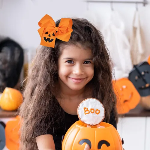 Vista 4 de Lazos para el pelo de calabaza para mujeres y niñas, 2 piezas de 4.5 pulgadas, lindo naranja para otoño, Acción de Gracias, Halloween, pasador