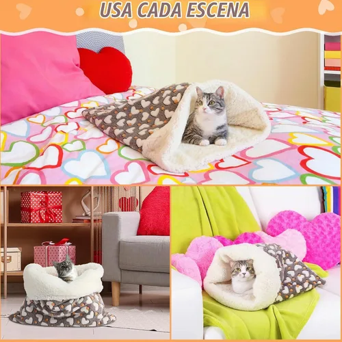 Vista 4 de Saco de dormir autocalentable para gatos de interior, cama cueva autocalentable para gatos, almohadilla térmica acogedora y suave para invierno Gris
