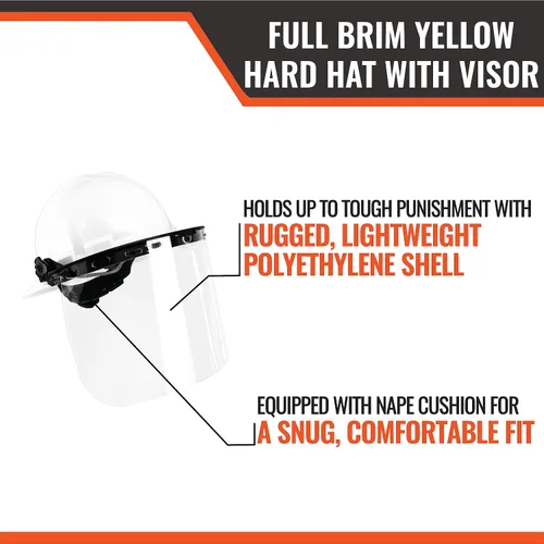 Vista 5 de Malta Dynamics Casco duro de ala completa fabricado en Estados Unidos con visera ajustable y protector facial, cumple con OSHA/ANSI