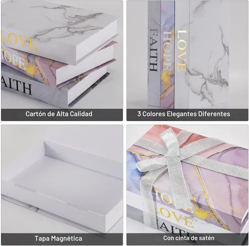 Vista 6 de Cajas de libros de imitación decorativas para el hogar: juego de 3 para mesa de entrada, mesa de café, decoración de estantería con cierre magnético