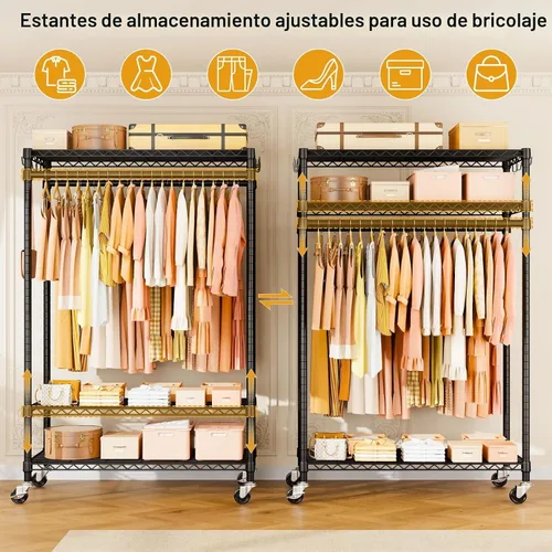 Vista 3 de ULIFHOME P7 - Perchero enrollable para ropa, estantes para colgar ropa, estante resistente para prendas con ruedas, estante de clóset portátil de 3