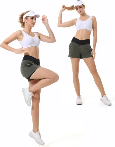 Vista 6 de HARTPOR Pantalones cortos deportivos 2 en 1 de secado rápido para mujer, cintura cruzada con bolsillos, forro de malla para entrenamiento, gimnasio