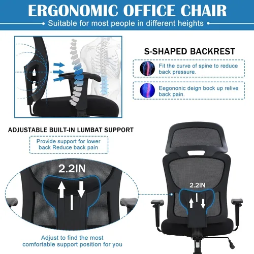 Vista 5 de Silla de oficina ergonómica, silla de escritorio de computadora de altura ajustable de 400 libras con soporte lumbar de esponja ajustable, silla