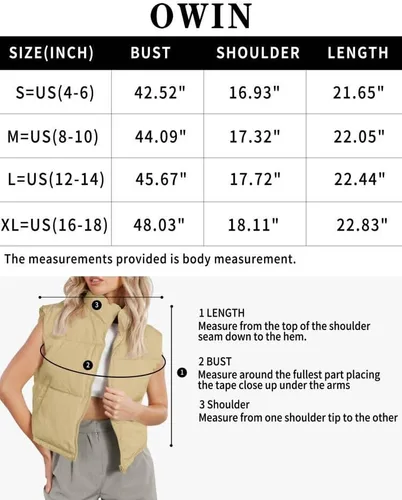 Vista 6 de OWIN Chaleco acolchado de invierno para mujer, cuello alto, con cremallera, acolchado, con bolsillos