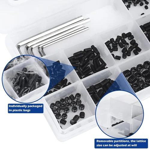 Vista 6 de Juego de 1000 piezas surtidas de tornillos métricos + SAE, juego de tornillos Allen de cabeza hexagonal interna con punta en copa, tornillos